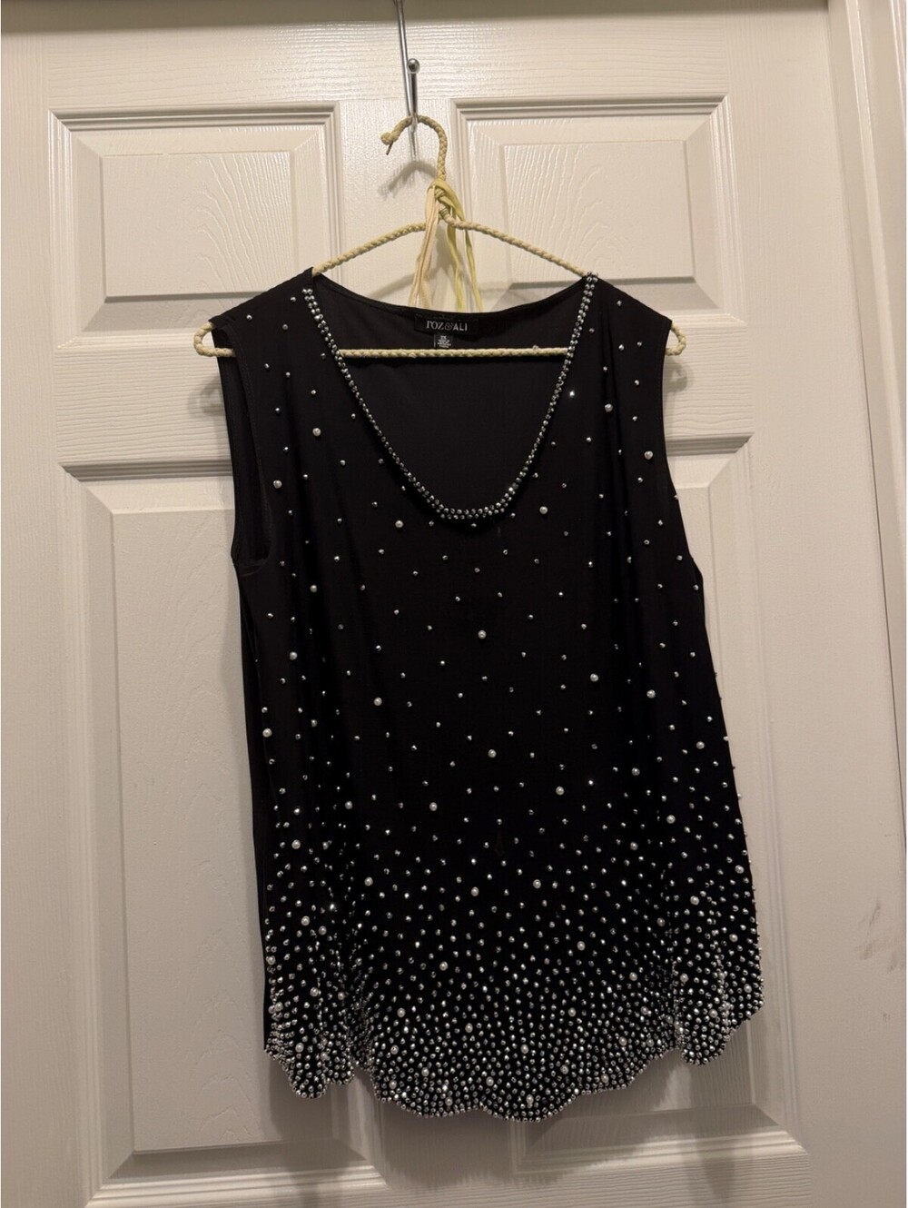 Roz & Ali Black Pearl & Rhinestone Embellished Sleeveless Top 2X